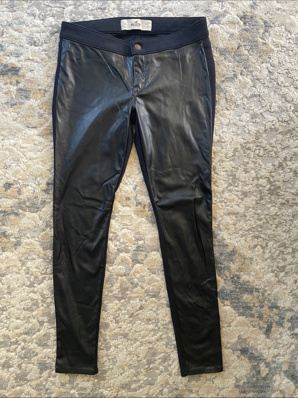 Stretchy Hollister Pants Black Faux Leather Front Panels Midnight Blue Back